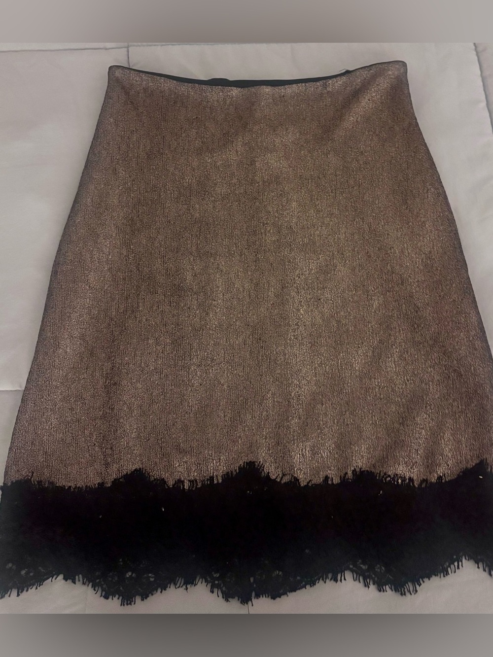Metallic Bronze A-Line Skirt with Black Lace Trim